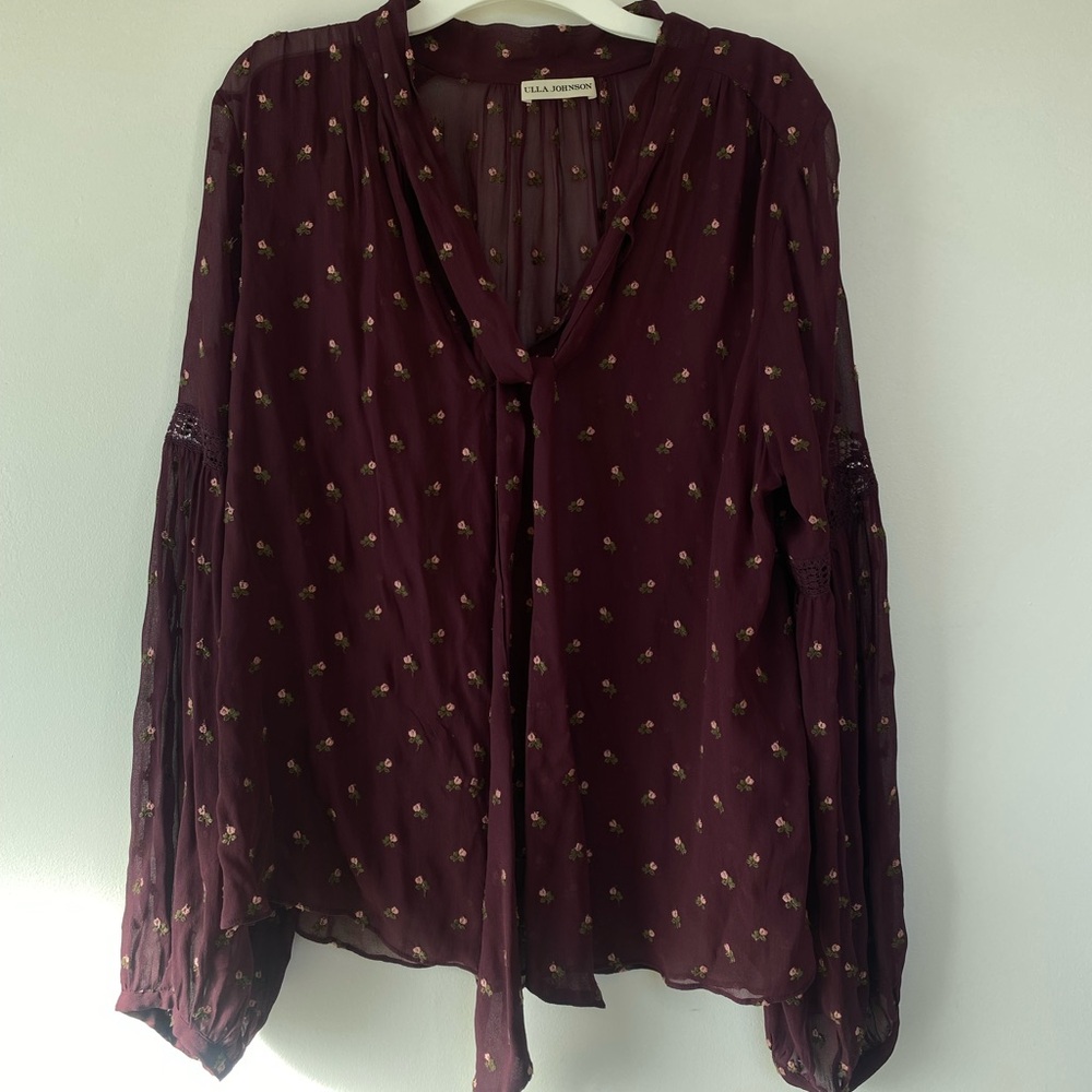 ULLA JOHNSON Wine Red Floral Embroidered Sheer Blouse Size 8